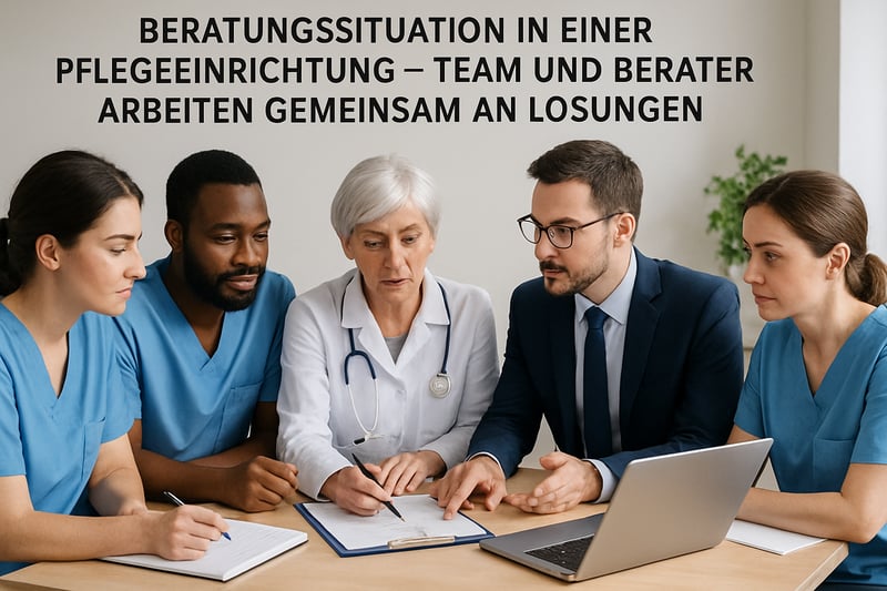 Beratungssituation in einer Pflegeeinrichtung – Team und Berater arbeiten gemeinsam an Lösungen