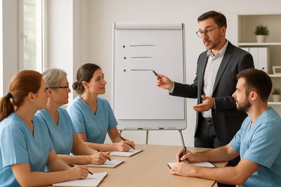 Pflegedienst-Team bei einer Weiterbildung mit Berater
